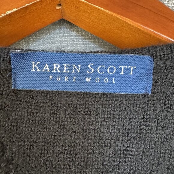 Karen Scott 100% Wool Black Embroidery Covered Button Front Cardigan Sweater - Picture 10 of 12